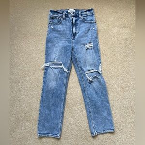 Distressed straight leg Abercrombie blue jeans.